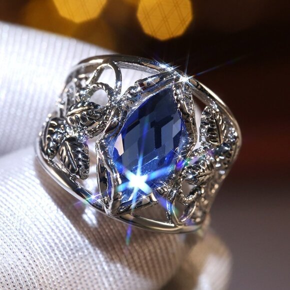 🎀 Double Layer Blue Marquis Carved Zircon Vintage Rings for Women, PD010 - Picture 1 of 13